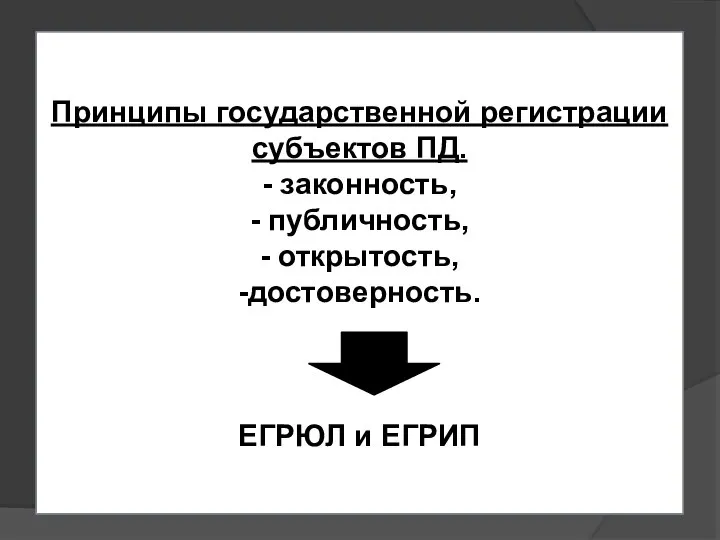 Принципы государственной регистрации субъектов ПД. - законность, - публичность, - открытость, -достоверность. ЕГРЮЛ и ЕГРИП