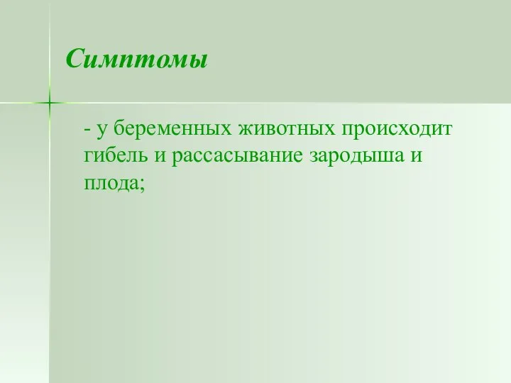 Симптомы - у беременных животных происходит гибель и рассасывание зародыша и плода;