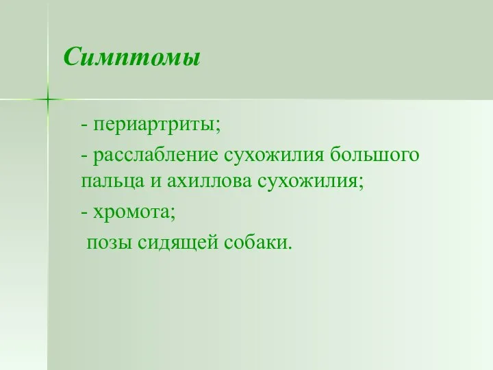 Симптомы - периартриты; - расслабление сухожилия большого пальца и ахиллова сухожилия; - хромота; позы сидящей собаки.