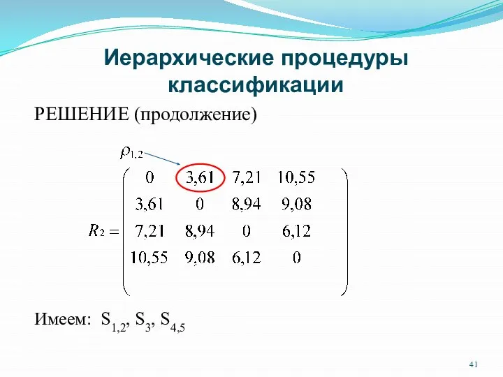 Иерархические процедуры классификации РЕШЕНИЕ (продолжение) Имеем: S1,2, S3, S4,5