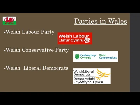 Parties in Wales Welsh Labour Party Welsh Conservative Party Welsh Liberal Democrats