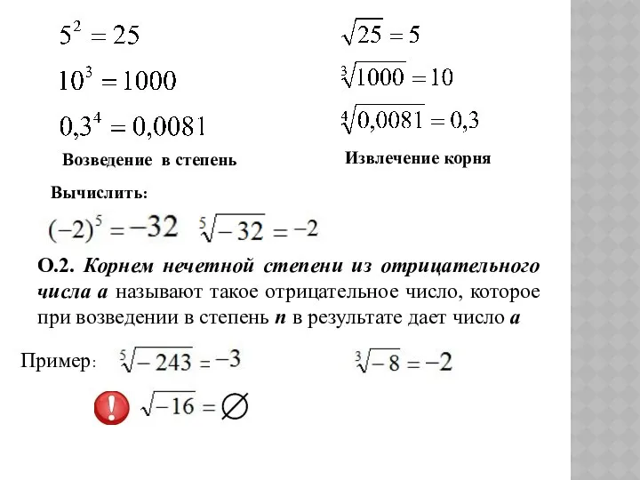 Возведение в степень Извлечение корня Вычислить: О.2. Корнем нечетной степени из