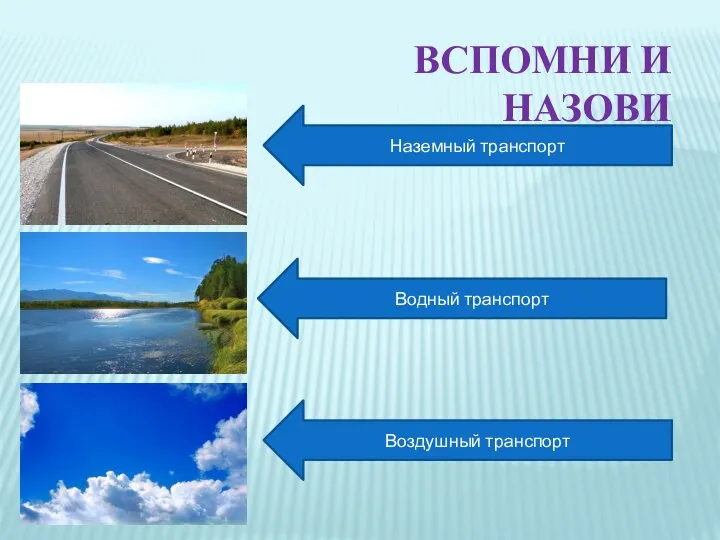 Наземный транспорт Водный транспорт Воздушный транспорт ВСПОМНИ И НАЗОВИ