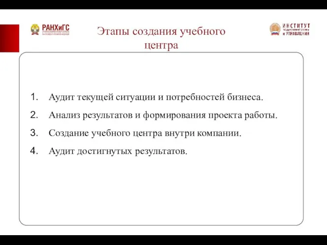 Этапы создания учебного центра Аудит текущей ситуации и потребностей бизнеса. Анализ