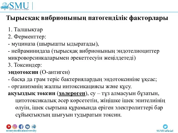 Тырысқақ вибрионының патогенділік факторлары 1. Талшықтар 2. Ферменттер: - муциназа (шырышты