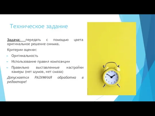 Техническое задание Задача: передать с помощью цвета оригинальное решение снимка. Критерии