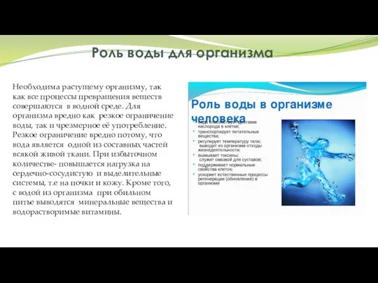 Роль воды для организма Необходима растущему организму, так как все процессы