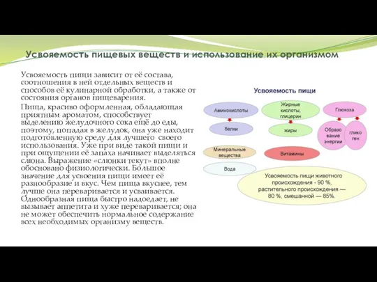 Усвояемость пищевых веществ и использование их организмом Усвояемость пищи зависит от