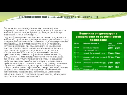 Полноценное питание для взрослого населения Все взрослое население в зависимости от