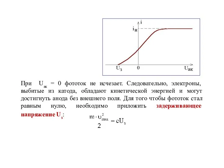 При Uак = 0 фототок не исчезает. Следовательно, электроны, выбитые из