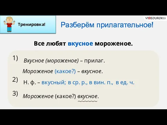 Разберём прилагательное! 1) 2) 3) Вкусное (мороженое) – прилаг. Все любят