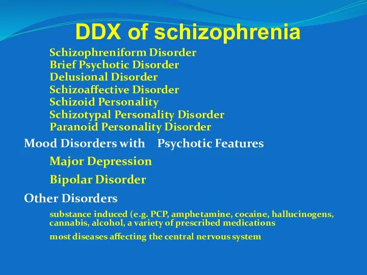 DDX of schizophrenia Schizophreniform Disorder Brief Psychotic Disorder Delusional Disorder Schizoaffective