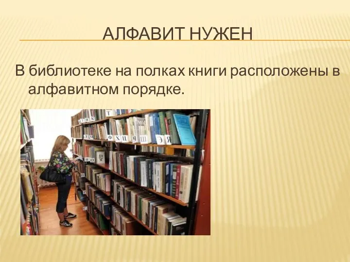 АЛФАВИТ НУЖЕН В библиотеке на полках книги расположены в алфавитном порядке.