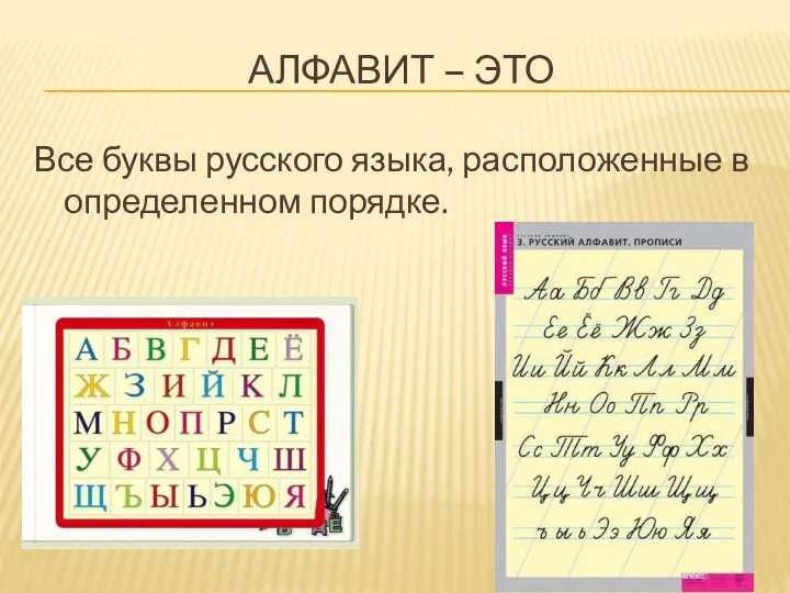 АЛФАВИТ – ЭТО Все буквы русского языка, расположенные в определенном порядке.