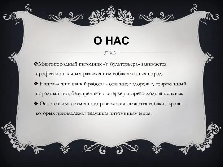 О НАС Многопородный питомник «У бультерьера» занимается профессиональным разведением собак элитных