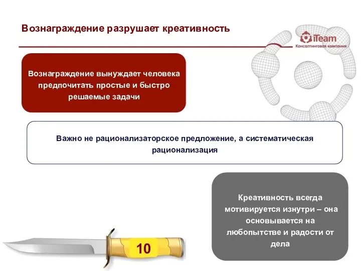 Вознаграждение разрушает креативность Креативность всегда мотивируется изнутри – она основывается на