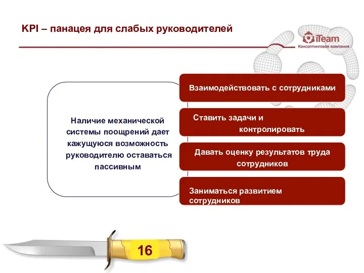 KPI – панацея для слабых руководителей Наличие механической системы поощрений дает