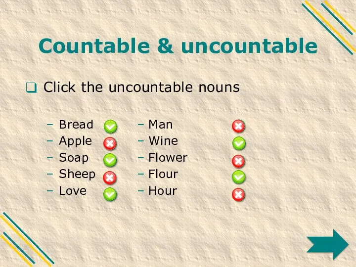 Countable & uncountable Click the uncountable nouns Bread – Man Apple