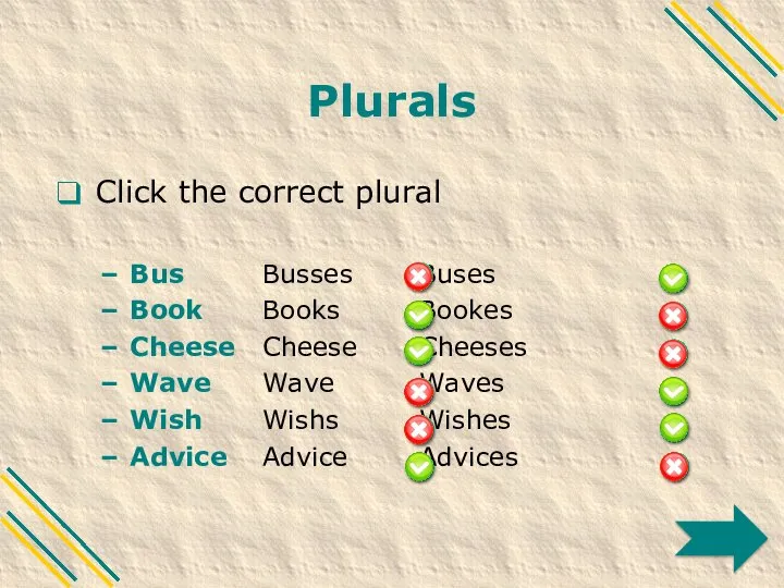 Plurals Click the correct plural Bus Busses Buses Book Books Bookes