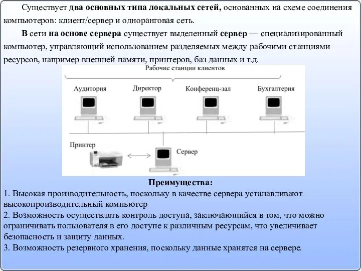 Существует два основных типа локальных сетей, основанных на схеме соединения компьютеров: