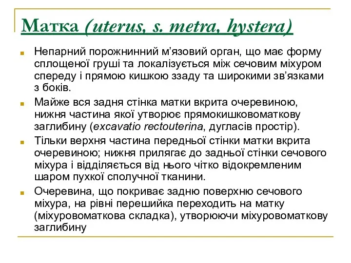 Матка (uterus, s. metra, hystera) Непарний порожнинний м’язовий орган, що має