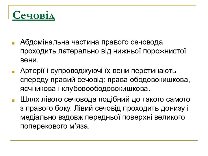 Сечовід Абдомінальна частина правого сечовода проходить латерально від нижньої порожнистої вени.