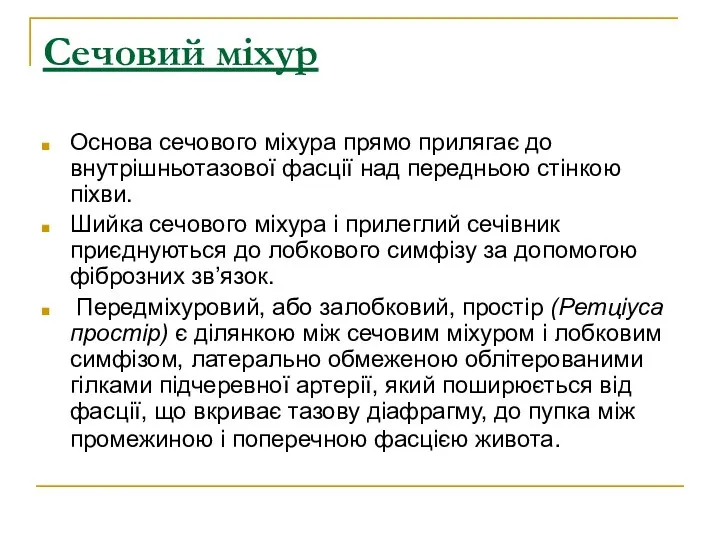 Сечовий міхур Основа сечового міхура прямо прилягає до внутрішньотазової фасції над