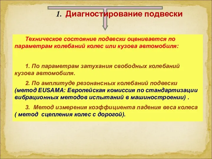 1. Диагностирование подвески Техническое состояние подвески оценивается по параметрам колебаний колес