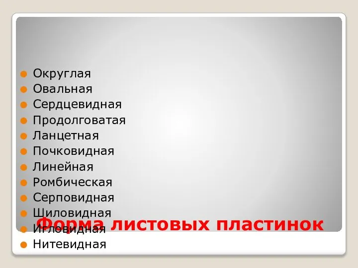 Форма листовых пластинок Округлая Овальная Сердцевидная Продолговатая Ланцетная Почковидная Линейная Ромбическая Серповидная Шиловидная Игловидная Нитевидная