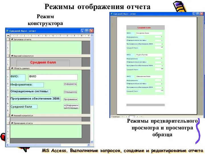 Режимы отображения отчета MS Access. Выполнение запросов, создание и редактирование отчета