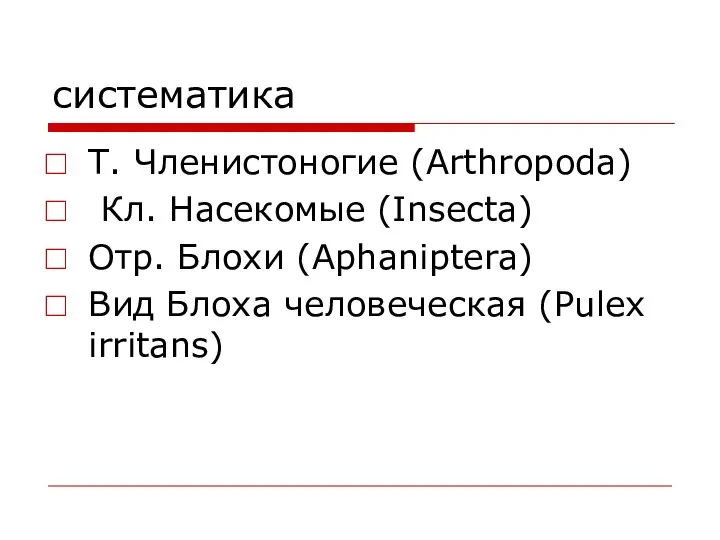 систематика Т. Членистоногие (Arthropoda) Кл. Насекомые (Insecta) Отр. Блохи (Aphaniptera) Вид Блоха человеческая (Pulex irritans)