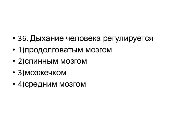 36. Дыхание человека регулируется 1)продолговатым мозгом 2)спинным мозгом 3)мозжечком 4)средним мозгом