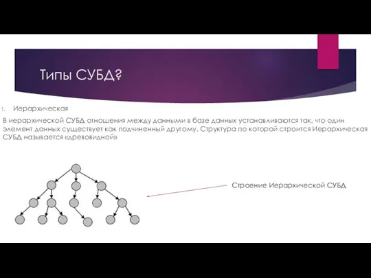 Типы СУБД? Иерархическая В иерархической СУБД отношения между данными в базе