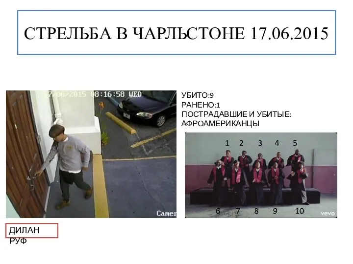 СТРЕЛЬБА В ЧАРЛЬСТОНЕ 17.06.2015 УБИТО:9 РАНЕНО:1 ПОСТРАДАВШИЕ И УБИТЫЕ:АФРОАМЕРИКАНЦЫ 1 2