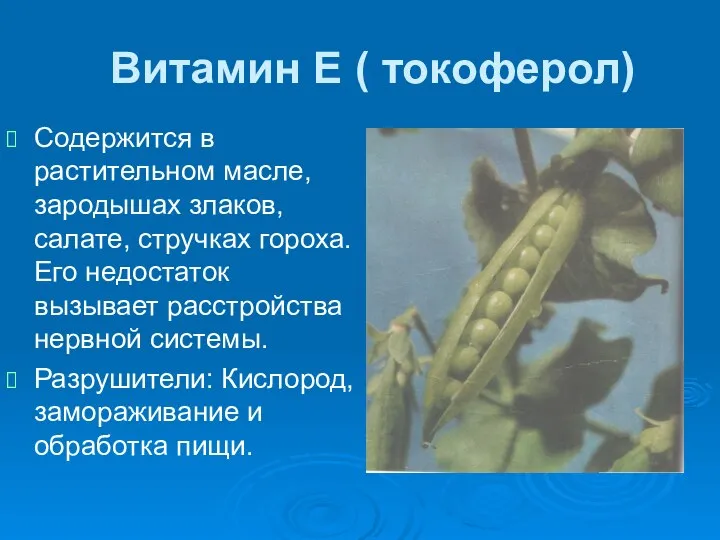 Витамин Е ( токоферол) Содержится в растительном масле, зародышах злаков, салате,