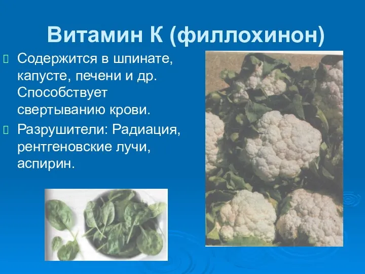 Витамин К (филлохинон) Содержится в шпинате, капусте, печени и др. Способствует