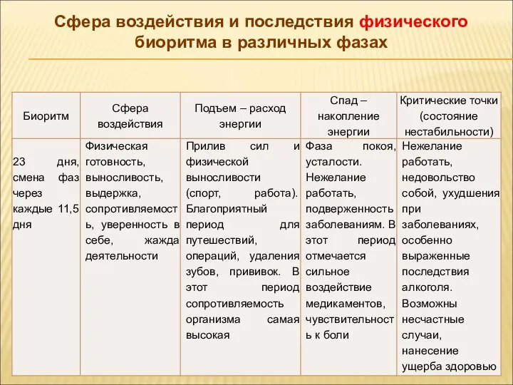 Сфера воздействия и последствия физического биоритма в различных фазах