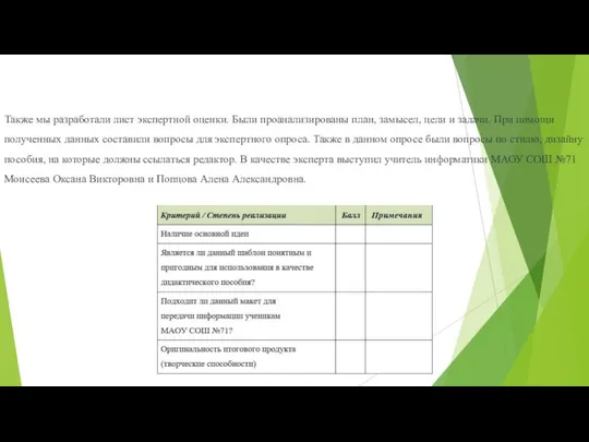 Также мы разработали лист экспертной оценки. Были проанализированы план, замысел, цели