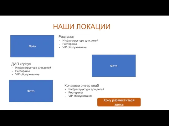 НАШИ ЛОКАЦИИ Редиссон Инфраструктура для детей Рестораны VIP обслуживание Фото Фото
