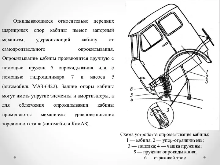 Откидывающиеся относительно передних шарнирных опор кабины имеют запорный механизм, удерживающий кабину