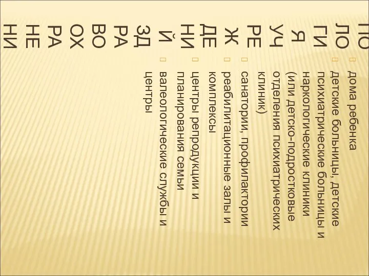 ТИПОЛОГИЯ УЧРЕЖДЕНИЙ ЗДРАВООХРАНЕНИЯ дома ребенка детские больницы, детские психиатрические больницы и
