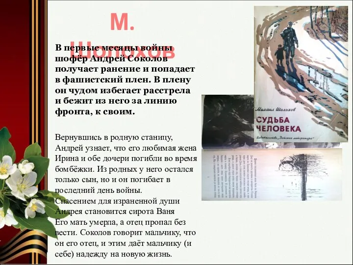 М. Шолохов В первые месяцы войны шофёр Андрей Соколов получает ранение