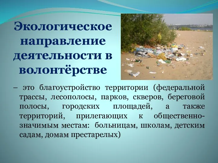 Экологическое направление деятельности в волонтёрстве – это благоустройство территории (федеральной трассы,