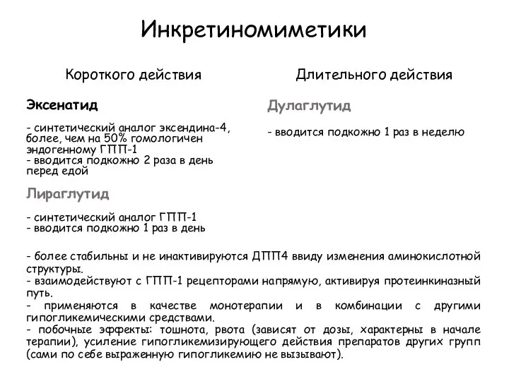 Инкретиномиметики Короткого действия Длительного действия Эксенатид - синтетический аналог эксендина-4, более,