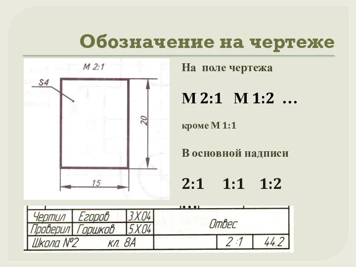 Обозначение на чертеже На поле чертежа М 2:1 М 1:2 …