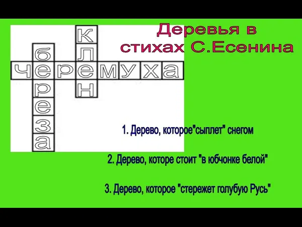 Деревья в стихах С.Есенина 1. Дерево, которое"сыплет" снегом 2. Дерево, которе