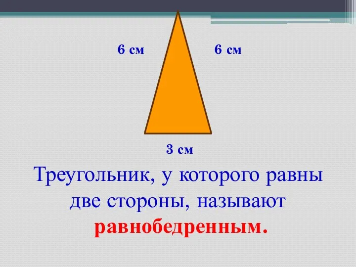 Треугольник, у которого равны две стороны, называют равнобедренным. 6 см 6 см 3 см