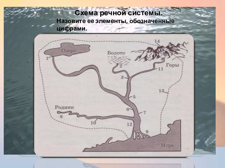 Схема речной системы. Назовите ее элементы, обозначенные цифрами.