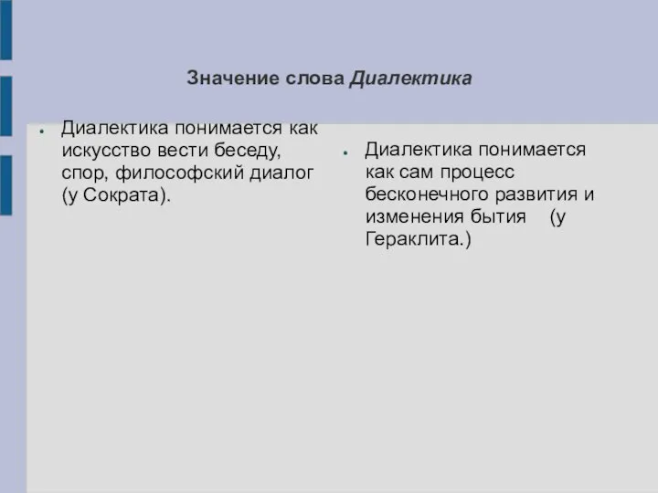 Значение слова Диалектика Диалектика понимается как искусство вести беседу, спор, философский