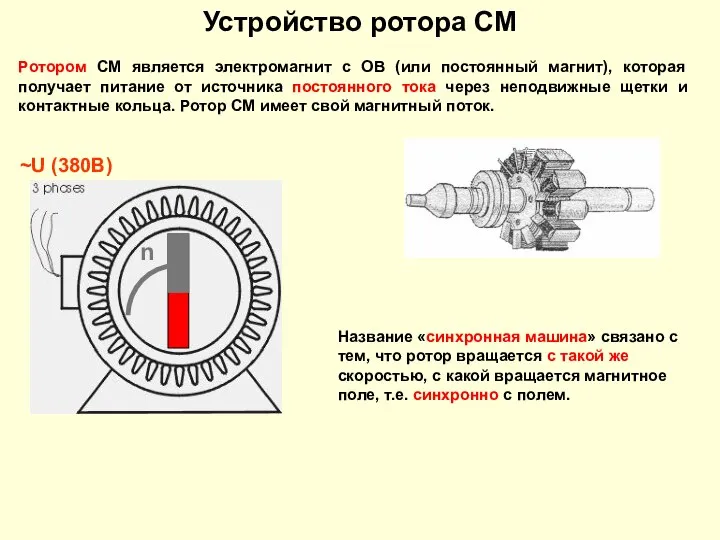 Устройство ротора СМ Ротором СМ является электромагнит с ОВ (или постоянный